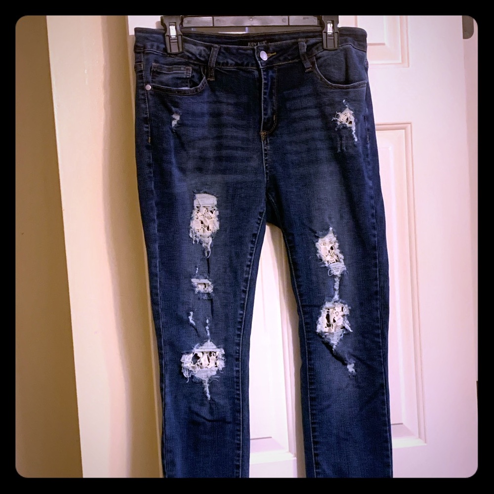 Distressed lace holed jeans - lace patchwork